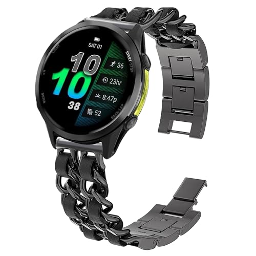 Blueshaweu Damen KettenbänderKompatibel mit Garmin Forerunner 970, Edelstahlband Lederschlaufe Ersatzarmband Kompatibel mit Garmin Forerunner 970, 965, 955/955 solar, 745 ﻿ (schwarz) von Blueshaweu