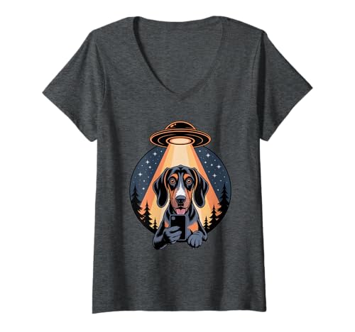 Damen Tennessee Bluetick Coonhound UFO Selfie Funny Dog Abduction T-Shirt mit V-Ausschnitt Damen Tennessee Bluetick Coonhound UFO Selfie Funny Dog Abduction T-Shirt mit V-Ausschnitt von Bluetick UFO Dog Tees Tennessee Fans