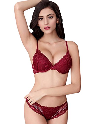 Super Push Up Sexy BHs Set Transparent Unterwäsche Dessous Spitze BH & Passende Panty für Frauen - Rot - 70A von Bluewhalebaby