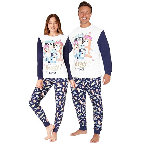 Bluey Familien-Pyjamas - 2-teiliges Pyjama-Set für Eltern und Kinder - mit Ärmel- und Knöchelmanschetten (Weiß/Blau Damen, L) von Bluey