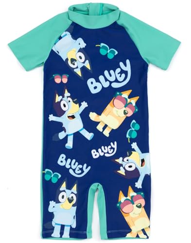 Bluey Jungen Surfanzug Badeanzug | Kinder Kleinkinder Bingo Hund Charakter Sonnenbrille Blau Grün Badeanzug | Animierte Kinder TV-Show Logo Merchandise von Bluey