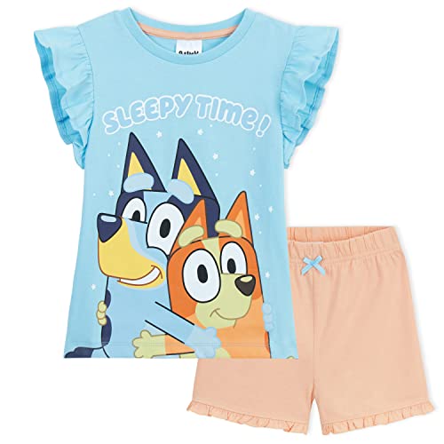 Bluey Pyjama Kinder Kurz - Paar T-Shirt und Kurzer Schlafanzug Mädchen - Schlafanzug Kinder kurz, Shorty Pyjamas für Jungen und Mädchen 2–6 Jahren (Blau/Aprikose, 2-3 Jahre) von Bluey