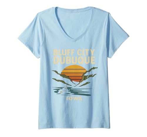 Damen Bluff City Dubuque Hemd Iowa Steamboat Sunset Retro T-Shirt mit V-Ausschnitt Damen Bluff City Dubuque Hemd Iowa Steamboat Sunset Retro T-Shirt mit V-Ausschnitt von Bluff City Tee Shirts for Dubuque River Fans