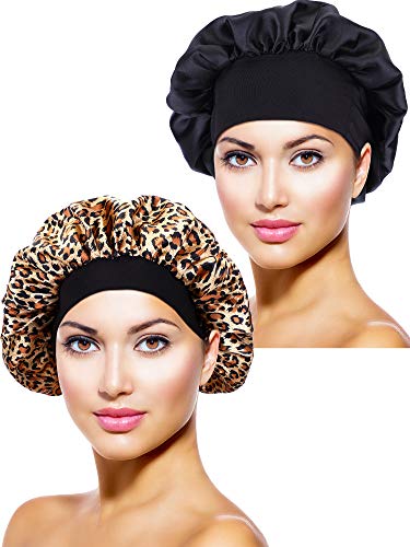 2 Stücke Satin Bonnet Nacht Schlaf Mütze Schlaf Kopf Abdeckung für Damen Mädchen Schlafen (Schwarz, Leoparden Gedruckt) von Blulu