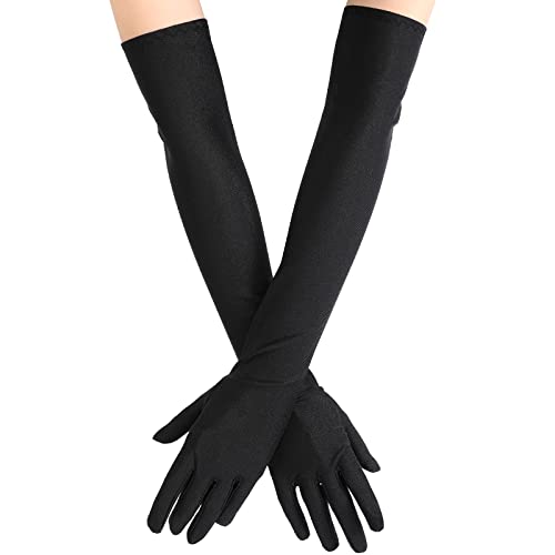 20er Lang Satin Handschuhe Damen Braut Ellenbogen Handschuhe (Schwarz, 21 Zoll) von Blulu