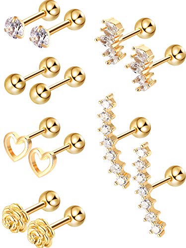 6 Paar Edelstahl Tragus Knorpel Ohrringe Labret Studs Barbell Lippen Nase Körper Stud Piercing für Männer Damen Schmuck (Gold) von Blulu