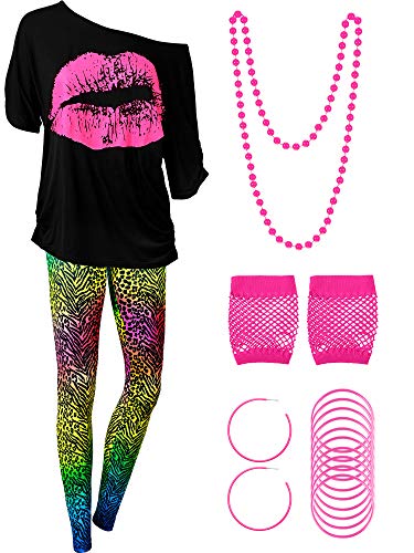 Blulu 80er Jahre Damen Kostüm Set, T Shirt, Legging Hose Ohrring Halskette Handschuhe Armband(Kurz Ärmel Leopard,L) von Blulu