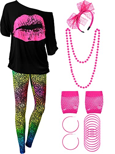 80er Jahre Damen Kostüm Set, T Shirt, Legging Hose Ohrring Halskette Handschuhe Armband(Kurz Ärmel Leopard,XXL) von Blulu