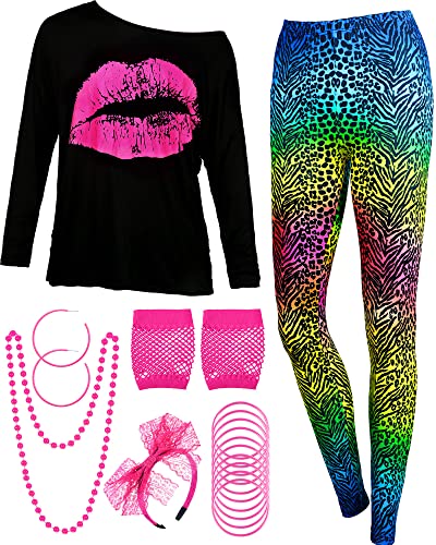 80er Jahre Damen Kostüm Set, T Shirt, Legging Hose Ohrring Halskette Handschuhe Armband(Lange Ärmel Leopard,S) von Blulu