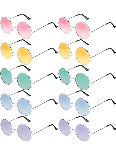 Blulu 10 Paar Runde Hippie Sonnenbrille John 60's Stil Kreis Farbige Gläser (Silber Rahmen) von Blulu