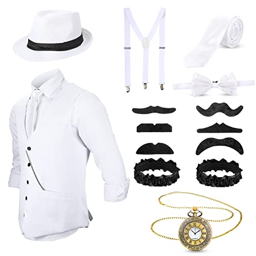 Blulu 1920er Herren Zubehör Gatsby Gangster Kleidung Kostüm Cosplay Outfit mit Weste Fedora Hut Taschenuhr Hosenträger Fliege für Mann Halloween Cosplay (XL, Weiß) von Blulu