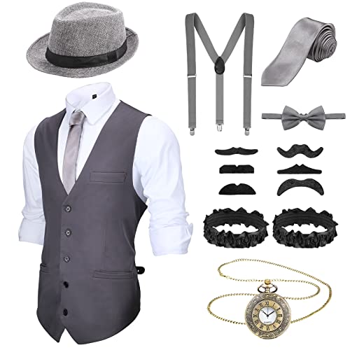 Blulu 1920er Herren Zubehör Gatsby Gangster Kleidung Kostüm Halloween Cosplay Outfit mit Weste Fedora Hut Taschenuhr Hosenträger Fliege für Mann Halloween Cosplay (L, Grau) von Blulu