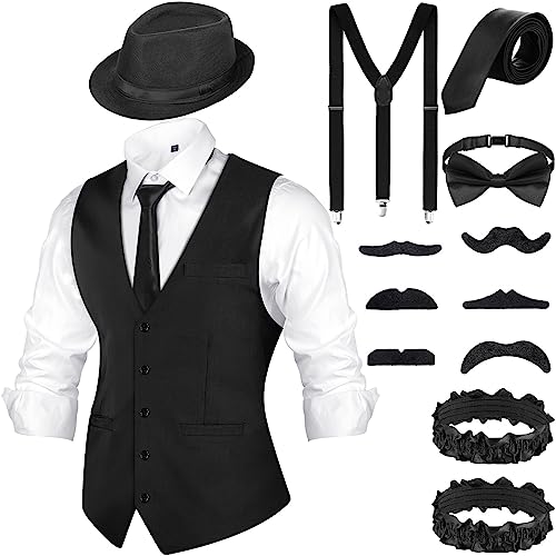 Blulu 1920er Herren Zubehör Gatsby Gangster Kleidung Kostüm Halloween Cosplay Outfit mit Weste Fedora Hut Taschenuhr Hosenträger Fliege für Mann Halloween Cosplay (M, Schwarz) von Blulu