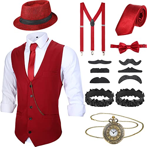 Blulu 1920er Herren Zubehör Gatsby Gangster Kleidung Kostüm Halloween Cosplay Outfit mit Weste Fedora Hut Taschenuhr Hosenträger Fliege für Mann Halloween Cosplay (XL, Weinrot) von Blulu