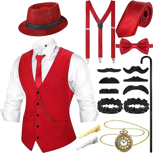 Blulu 1920er Jahre Herren Kostüm Accessoires Set Gangster Weste Fedora Hut Hosenträger Spielzeug Taschenuhr Gehstock 20er Jahre Outfit Kleidung für Männer 1920er Herren Zubehör (Weinrot, XL) von Blulu