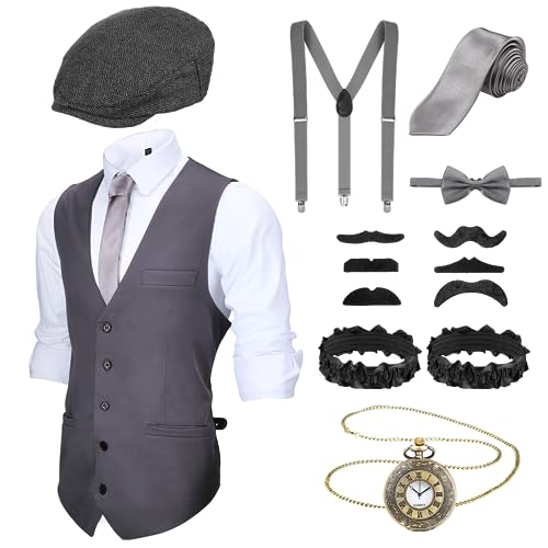 Blulu 1920er Jahre Kostüm Zubehör Set für Herren 20er Jahre Herren Accessoires Gangster Kostüm Weste Fliege Y Form Hosenträger Zeitungsjunge Hut Taschenuhr Krawatte (Grau, L) von Blulu