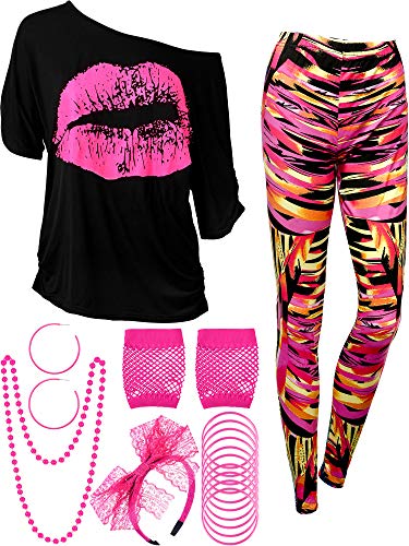 Blulu 80er Jahre Damen Kostüm Set, T Shirt, Legging Hose Ohrring Halskette Handschuhe Armband(Kurz Ärmel Geometrische,XL) von Blulu