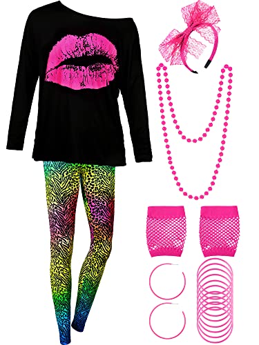 Blulu 80er Jahre Damen Kostüm Set, T Shirt, Legging Hose Ohrring Halskette Handschuhe Armband(Lange Ärmel Leopard,L) von Blulu