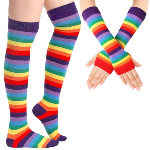 Blulu Armstulpe Beinwärmer für Damen Gestreifte Oberschenkel Socken Fingerlose Handschuhe Streifen Strumpf(Regenbogen Lila) von Blulu
