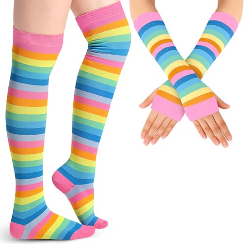 Blulu Armstulpe Beinwärmer für Damen Gestreifte Oberschenkel Socken Fingerlose Handschuhe Streifen Strumpf(Regenbogen Pink) von Blulu