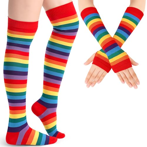 Blulu Armstulpe Beinwärmer für Damen Gestreifte Oberschenkel Socken Fingerlose Handschuhe Streifen Strumpf(Regenbogen Rot) von Blulu