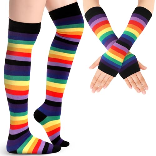Blulu Armstulpe Beinwärmer für Damen Gestreifte Oberschenkel Socken Streifen Fingerlose Handschuhe (Regenbogen Schwarz) von Blulu