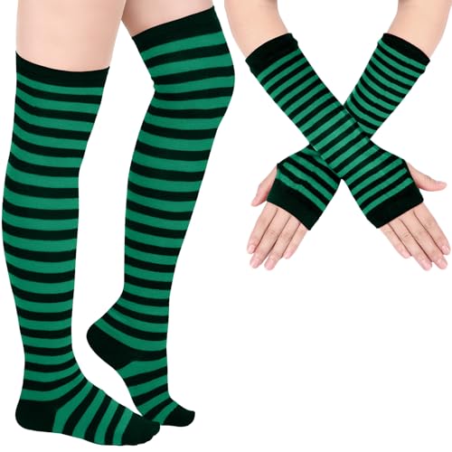 Blulu Armstulpe Beinwärmer für Damen Gestreifter Oberschenkel Strumpf Fingerlose Handschuhe Streifen Strumpf (Grün und Schwarz) von Blulu