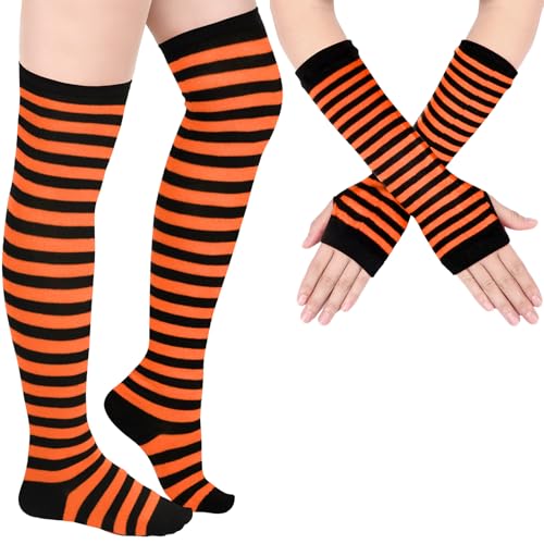 Blulu Armstulpe Beinwärmer für Damen Gestreifter Oberschenkel Strumpf Fingerlose Handschuhe Streifen Strumpf (Orange und Schwarz) von Blulu