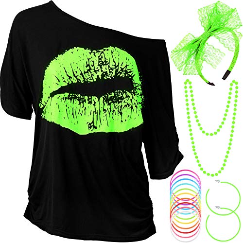 Blulu Damen 80 Jahre Kostüm Zubehör Set Lippen Drucken T-Shirt Spitze Stirnband Ohrring Halsketten Armband für Karneval Fasching Mottoparty von Blulu