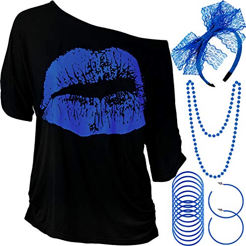 Blulu Damen 80 Jahre Kostüm Zubehör Set Lippen Drucken T-Shirt Spitze Stirnband Ohrring Halsketten Armband für Karneval Fasching Mottoparty von Blulu