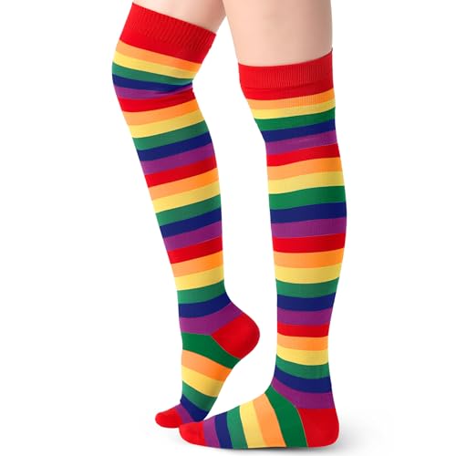 Blulu Damen Hohe Gestreifte Strümpfe Socken Weihnachten Streifen Lange Überkniestrümpfe(Bonbon Rot) von Blulu