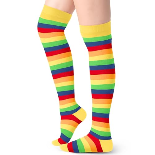 Blulu Damen Hohe Gestreifte Strümpfe Socken Weihnachten Streifen Lange Überkniestrümpfe(Regenbogen Gelb) von Blulu