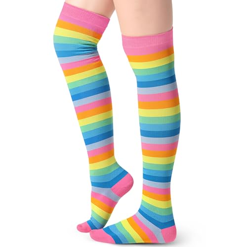 Blulu Damen Hohe Gestreifte Strümpfe Socken Weihnachten Streifen Lange Überkniestrümpfe(Regenbogen Pink) von Blulu
