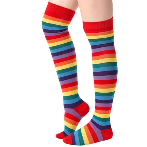 Blulu Damen Hohe Gestreifte Strümpfe Socken Weihnachten Streifen Lange Überkniestrümpfe(Regenbogen Rot) von Blulu