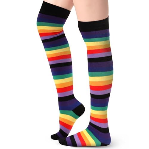 Blulu Damen Hohe Gestreifte Strümpfe Socken Weihnachten Streifen Lange Überkniestrümpfe(Regenbogen Schwarz) von Blulu