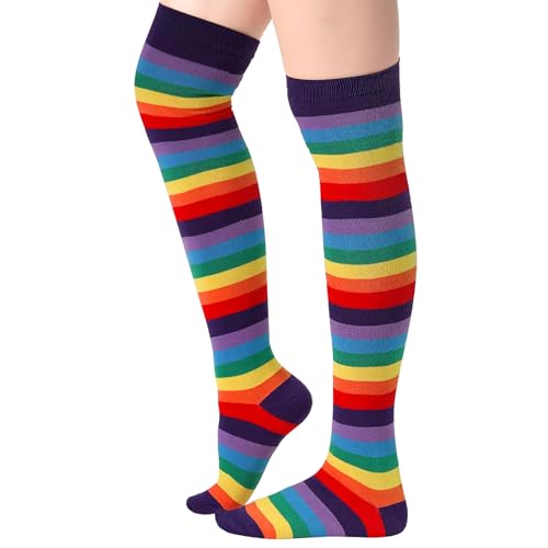 Blulu Damen Hohe Gestreifte Strümpfe Socken Weihnachten Streifen Lange Überkniestrümpfe(Regenbogen Violett) von Blulu