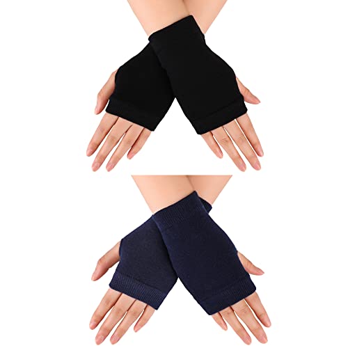 Blulu Fingerless Warm Gloves with Thumb Hole Cozy Half Fingerless Driving Gloves Knit Mittens for Men, Women (Black, Navy Blue, 2 Pairs) von Blulu