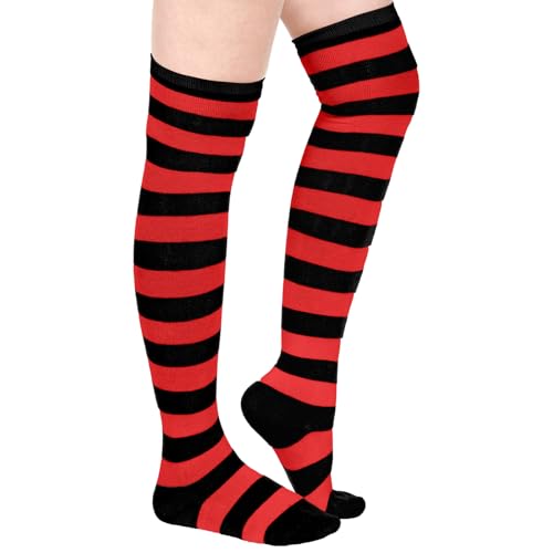 Blulu Überkniehohe Streifen Oberschenkel Socken für Damen Kostüm Halloween Party Zubehör Streifen Muster Strümpfe(Rot Schwarz) von Blulu