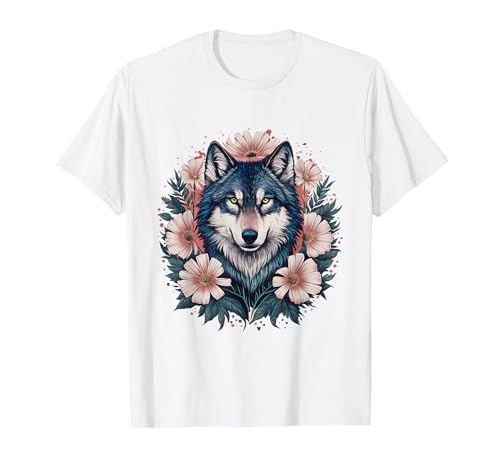 Botanischer Wolf Frauen Tiergesicht Kinder Floraler Wolf T-Shirt von Blumen Wolf Kleidung Geschenke Für Damen Mädchen