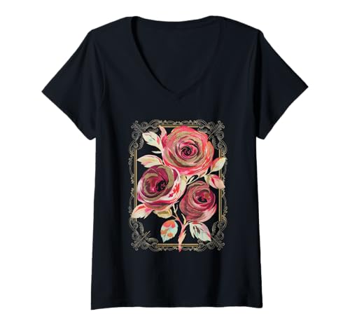 Damen Vintage-inspiriert Muster Antik Rosen Rosenmuster T-Shirt mit V-Ausschnitt Damen Vintage-inspiriert Muster Antik Rosen Rosenmuster T-Shirt mit V-Ausschnitt von Blumendesign Romantischer Stil Botanisch