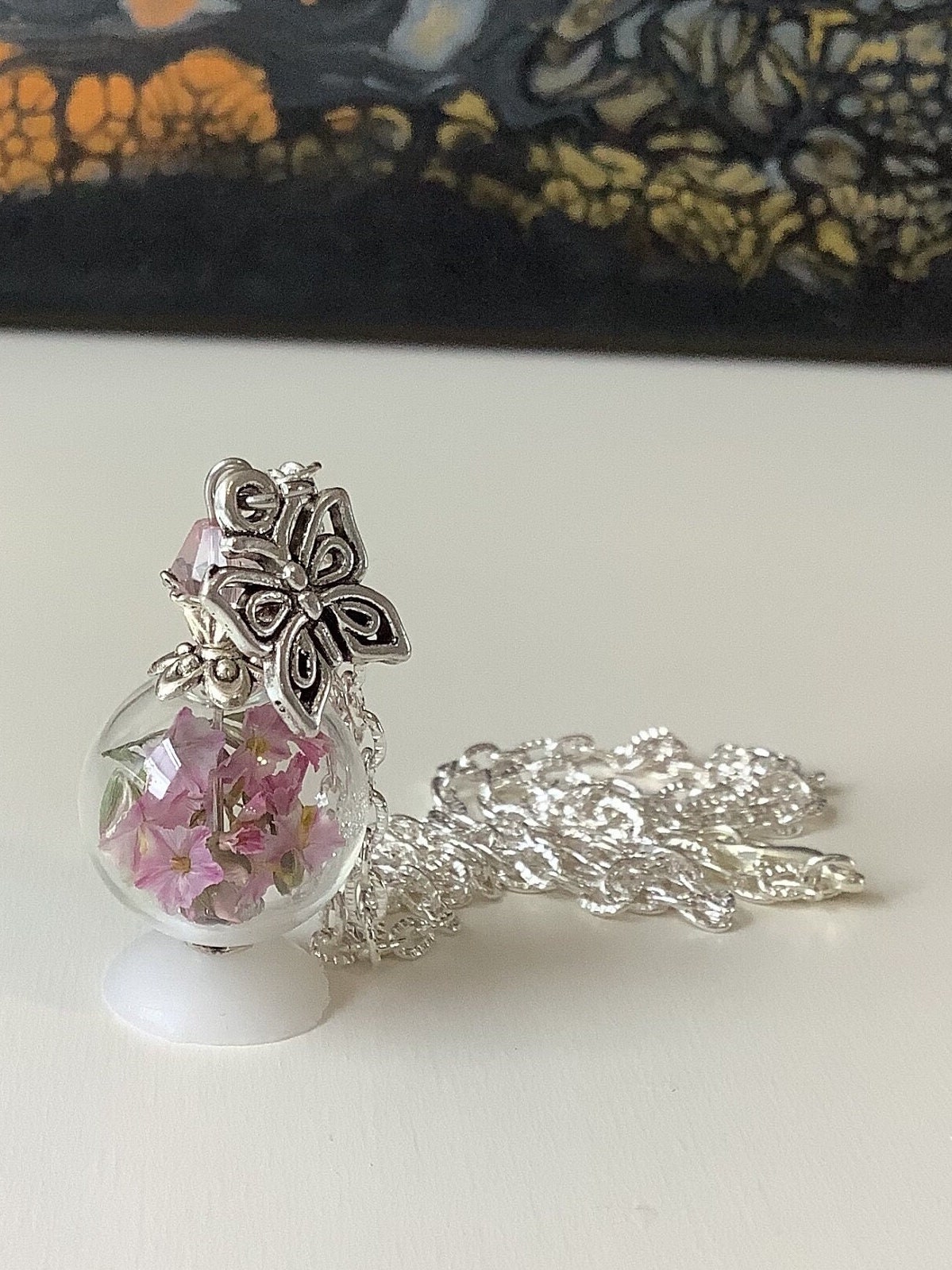 Echte Blüten Glasschmuck Kette Anhänger Geschenk Blumen Natur Getrocknete Schmuck Rosa Pink von Blumenglasschmuck