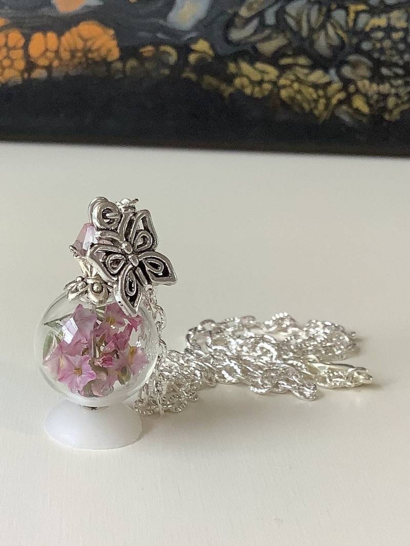 Echte Blüten Glasschmuck Kette Anhänger Geschenk Blumen Natur Getrocknete Schmuck Rosa Pink von Blumenglasschmuck