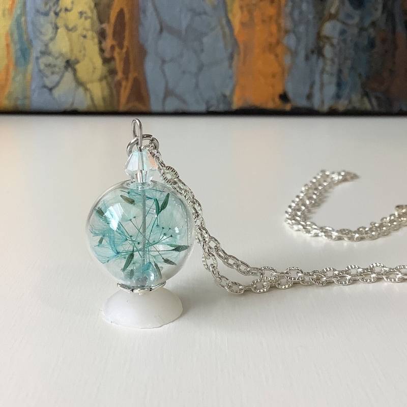 Pusteblume Türkis Kette Anhänger Geschenk Blumen Natur Glas Getrocknete Blüten Freundin Schmuck Gliederkette von Blumenglasschmuck