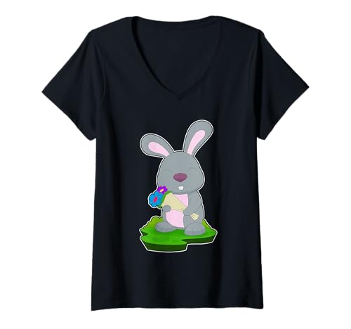 Damen Hase Blumenstrauß T-Shirt mit V-Ausschnitt Damen Hase Blumenstrauß T-Shirt mit V-Ausschnitt von Hase Blumenstrauß