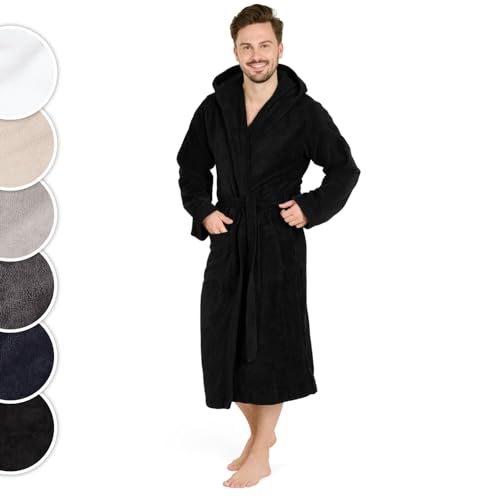 Blumtal Bademantel Herren Baumwolle 100% in M - OEKO-TEX zert. Morgenmantel Herren Kapuze - Bademantel Herren Frottee + Velours - Bademantel Sauna - Bademantel mit Kapuze Herren - Bathrobe Schwarz von Blumtal