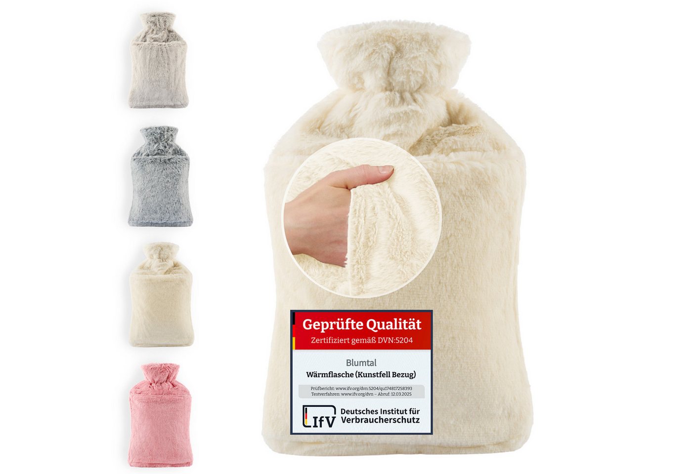 Blumtal Wärmflasche Premium Wärmflasche mit Bezug & Tasche aus weichem Kunstfell, (Auslaufsichere Flasche aus Naturkautschuk für Kinder und Erwachsene), Wärmeflasche aus Naturkautschuk und Handwärmer von Blumtal