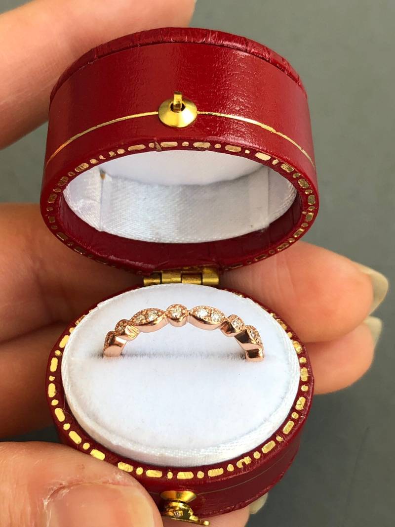 Art-Deco-Stil Voller Ewigkeit Echte Diamant-Hochzeitsband, Perlen Marquise Dot Natürliche Diamant Stapeln Band Auf 14K Rose Gold Art-Deco-Stil Voller Ewigkeit Echte Diamant-Hochzeitsband, Perlen Marquise Dot Natürliche Diamant Stapeln Band Auf 14K Rose Gold von BlushKarats