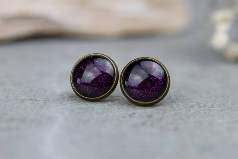 Ohrstecker Schwarz Lila "Nebula" - Handbemalte Ohrringe 12 Mm, Eleganter Ohrschmuck, Geschenkidee Für Sie von BlushingApplesDE