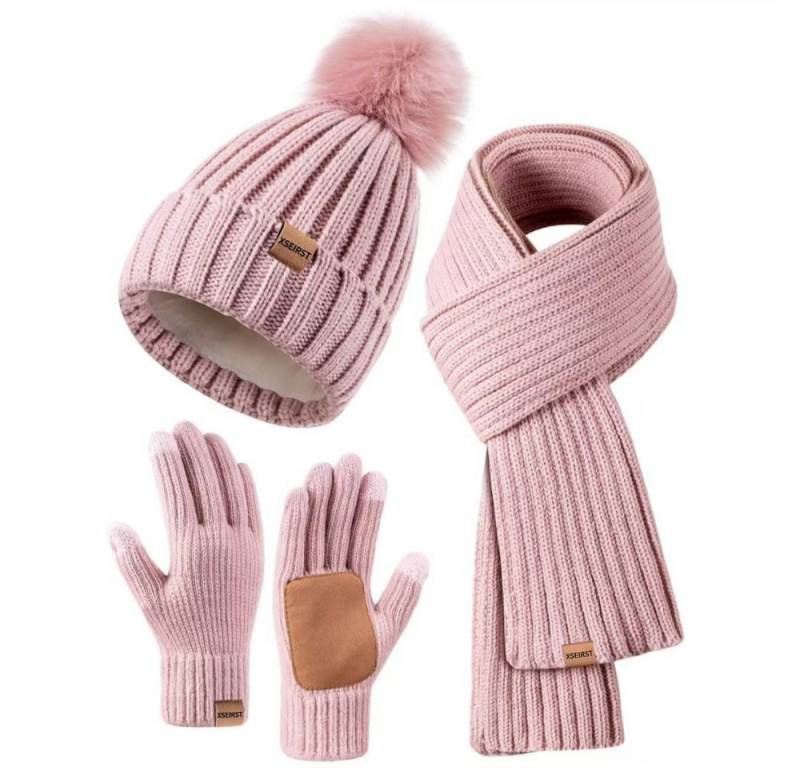 Blusmart Mütze & Schal Wintermütze, Schal und Handschuhe für Damen (Touchscreen-Handschuhe, 3-tlg., Bequem und warm) Für winterliche Outdoor-Aktivitäten wie Skifahren von Blusmart