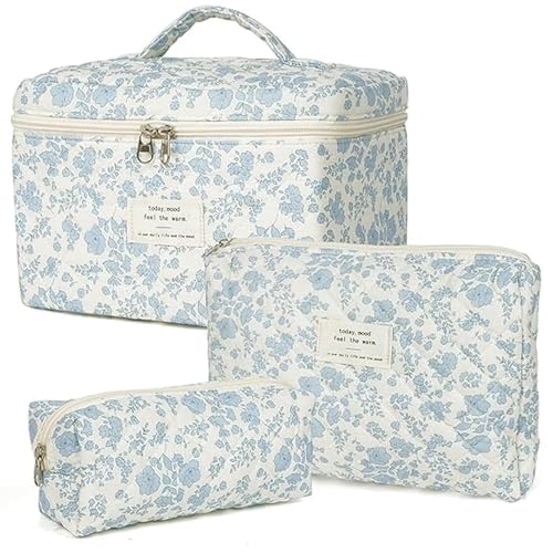3 Stück Kosmetiktasche Set, Damen Gesteppte Kulturtasche mit Blumenmuster, Reise Kosmetiktasche Set Damen, Tragbare Schminktasche Makeup Bag Waschtasche Groß Frauen Mädchen (Blaue Orchidee) von BlyeMichdi